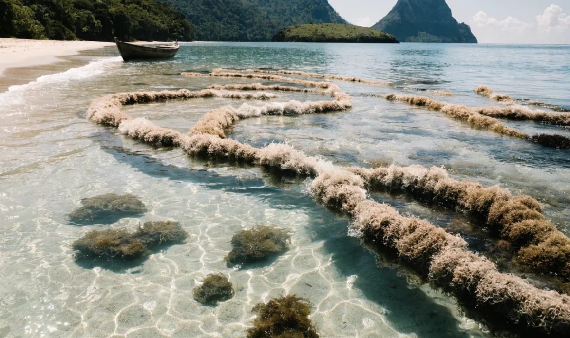 Turquoise Caribbean shallows with floating rope lines of wild sea moss, a small wooden boat, twin volcanic peaks and rainforest on the horizon, illustrating irish sea moss vs sea moss.