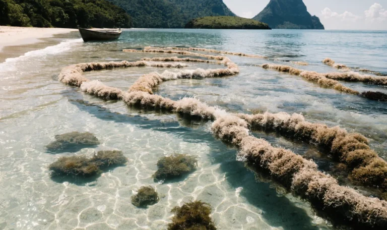 Turquoise Caribbean shallows with floating rope lines of wild sea moss, a small wooden boat, twin volcanic peaks and rainforest on the horizon, illustrating irish sea moss vs sea moss.