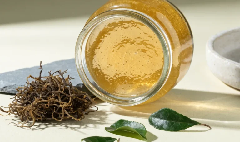A still life of a glass jar of golden sea moss gel, a small pile of dried wildcrafted sea moss and fresh green leaves on a pale cream surface, illustrating is sea moss healthy for you.