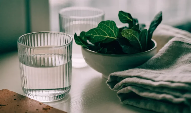 A calm still life of a glass of water, a small bowl of leafy greens and a folded linen napkin on a pale wooden table, soft window light, illustrating is sea moss safe during pregnancy.