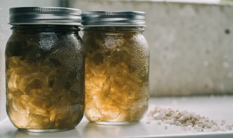 Two sealed glass mason jars of golden sea moss gel on a cool white refrigerator shelf, condensation on the glass, illustrating is sea moss supposed to be refrigerated.