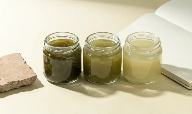 An unbranded flat lay comparing three plain glass jars of sea moss gel of different shades on a pale cream surface with a notebook, illustrating is true sea moss good for you.