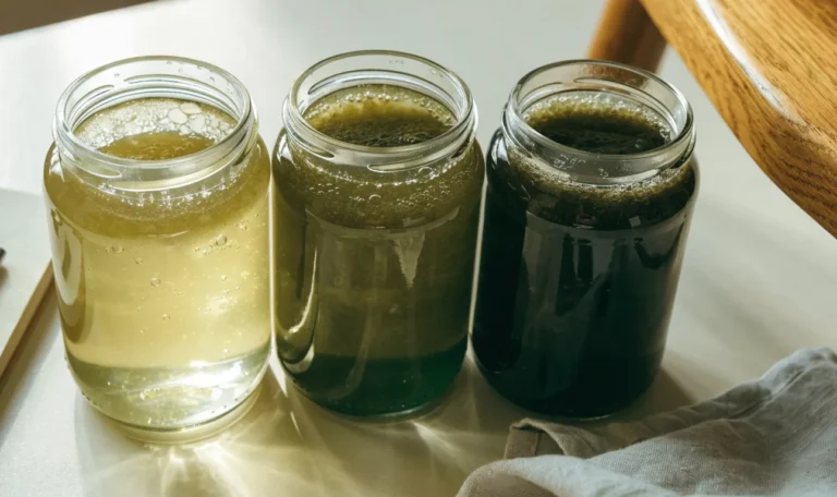 An unbranded flat lay comparing three plain glass jars of sea moss gel of different shades on a pale cream surface with a notebook, illustrating isle of spice sea moss.