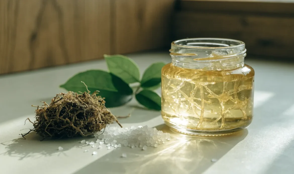 A still life of a glass jar of golden sea moss gel, a small pile of dried wildcrafted sea moss and fresh green leaves on a pale cream surface, illustrating mango sea moss.
