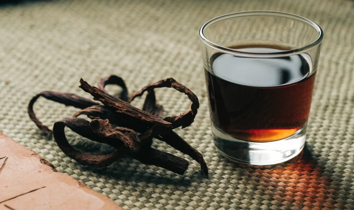 Strips of dark reddish mauby tree bark on a woven mat beside a glass of dark amber bittersweet Caribbean bark drink, illustrating mauby syrup.