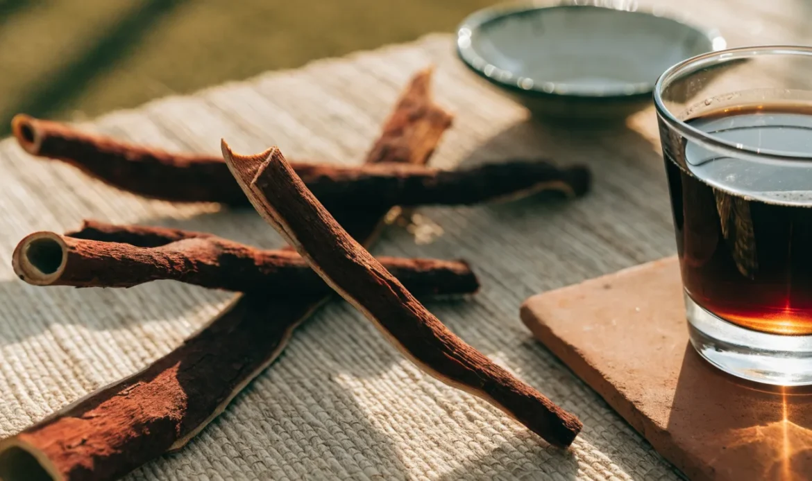 Strips of dark reddish mauby tree bark on a woven mat beside a glass of dark amber bittersweet Caribbean bark drink, illustrating mauby tree.