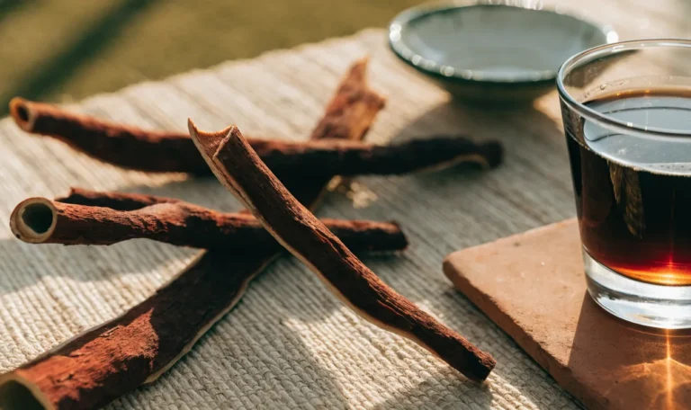 Strips of dark reddish mauby tree bark on a woven mat beside a glass of dark amber bittersweet Caribbean bark drink, illustrating mauby tree.