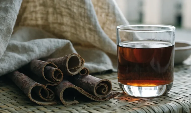 Strips of dark reddish mauby tree bark on a woven mat beside a glass of dark amber bittersweet Caribbean bark drink, illustrating mavi bark.