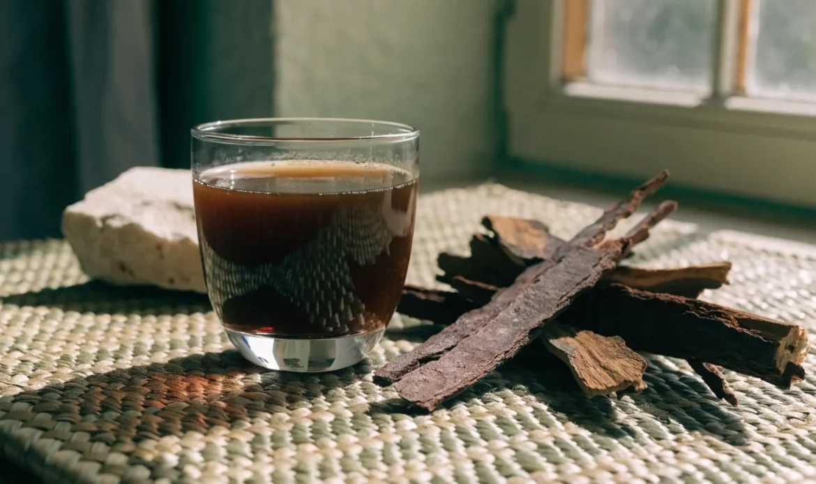 Strips of dark reddish mauby tree bark on a woven mat beside a glass of dark amber bittersweet Caribbean bark drink, illustrating mavi drink benefits.