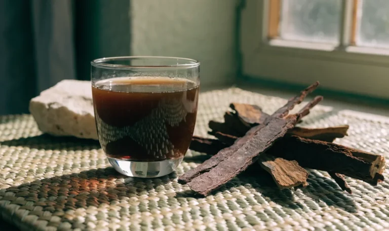 Strips of dark reddish mauby tree bark on a woven mat beside a glass of dark amber bittersweet Caribbean bark drink, illustrating mavi drink benefits.