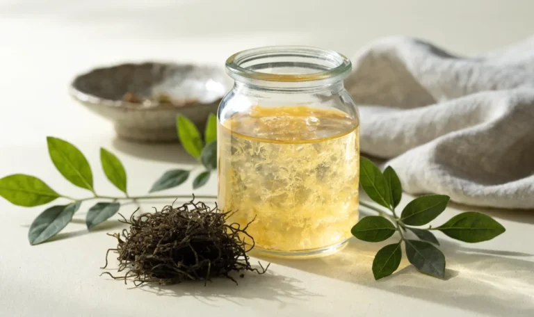 A still life of a glass jar of golden sea moss gel, a small pile of dried wildcrafted sea moss and fresh green leaves on a pale cream surface, illustrating moringa sea moss.