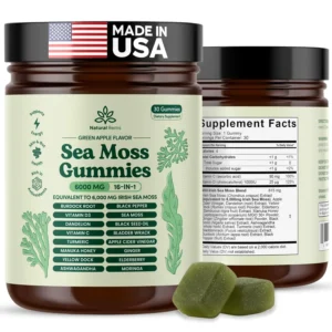 Natural Rems sea moss gummies bottle photographed against a plain background