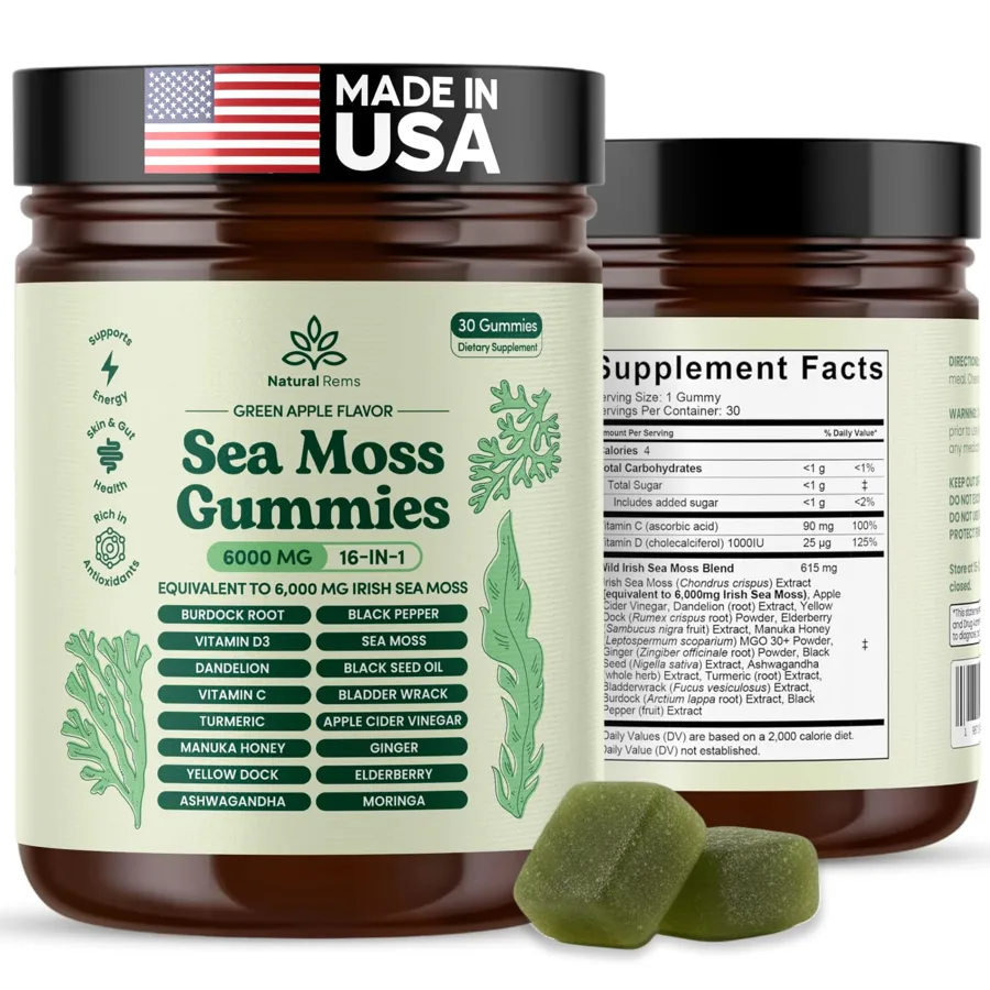 Natural Rems sea moss gummies bottle photographed against a plain background