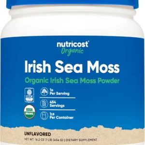 Nutricost sea moss powder container photographed against a plain background