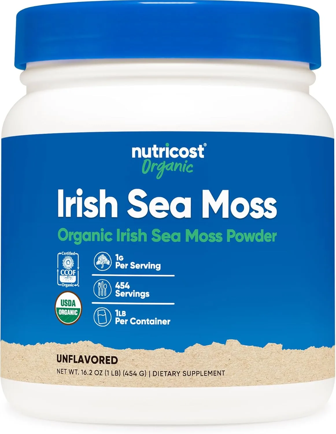 Nutricost sea moss powder container photographed against a plain background