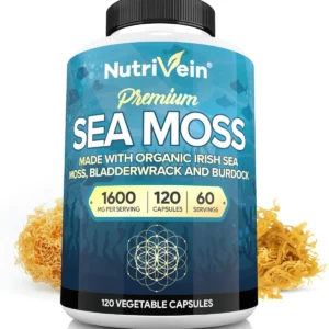 Nutrivein sea moss capsules container photographed against a plain background