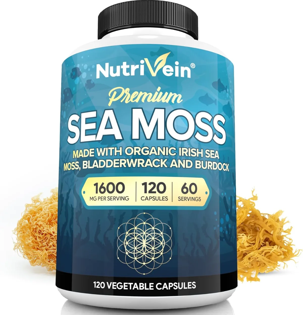 Nutrivein sea moss capsules container photographed against a plain background