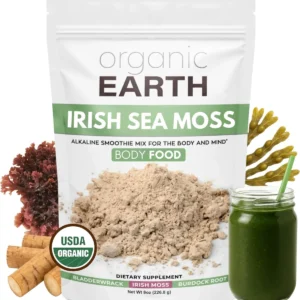 Organic Earth sea moss powder container photographed against a plain background