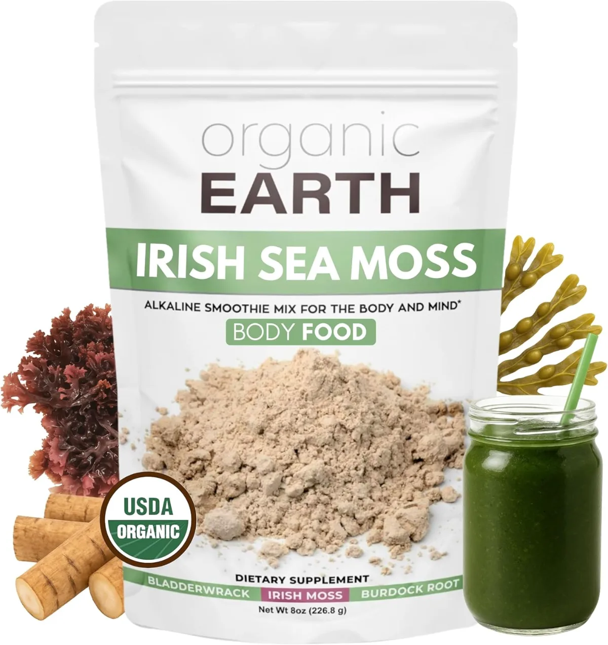 Organic Earth sea moss powder container photographed against a plain background