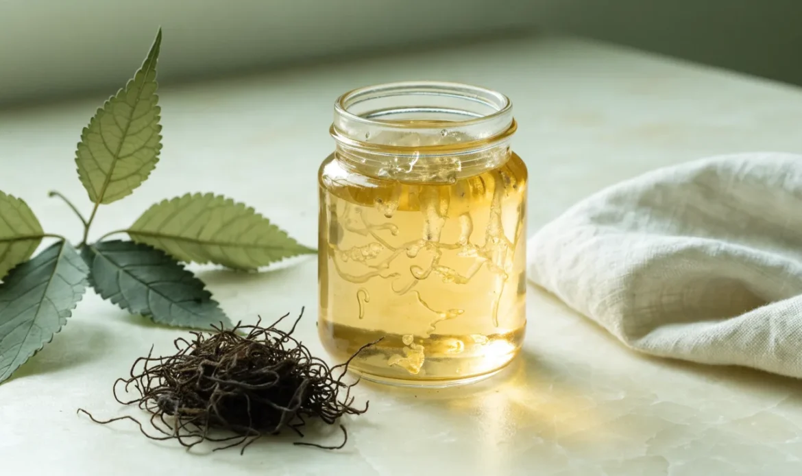A still life of a glass jar of golden sea moss gel, a small pile of dried wildcrafted sea moss and fresh green leaves on a pale cream surface, illustrating organic irish sea moss.