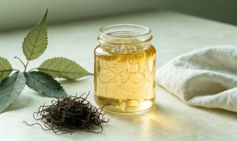 A still life of a glass jar of golden sea moss gel, a small pile of dried wildcrafted sea moss and fresh green leaves on a pale cream surface, illustrating organic irish sea moss.