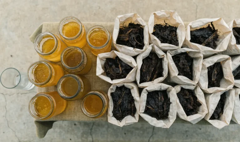 An unbranded market stall table of glass jars of golden gel and paper bags of dried seaweed under soft daylight, illustrating organic sea moss near me.