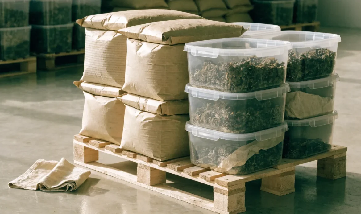 Stacked kraft sacks and sealed food-grade tubs of dried seaweed on a clean warehouse pallet, soft industrial daylight, illustrating organic irish moss supplier usa.