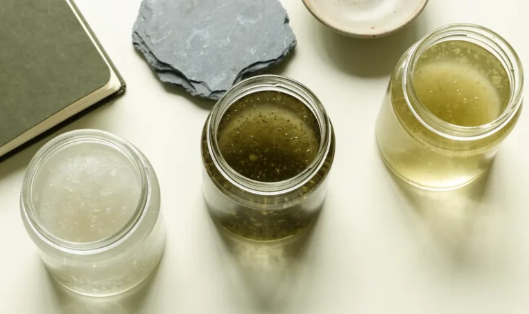 An unbranded flat lay comparing three plain glass jars of sea moss gel of different shades on a pale cream surface with a notebook, illustrating pappi sea moss company.