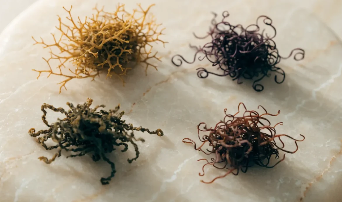 An overhead arrangement of four small piles of dried sea moss in gold, purple, green and reddish shades on a cream stone surface, illustrating picture of sea moss.