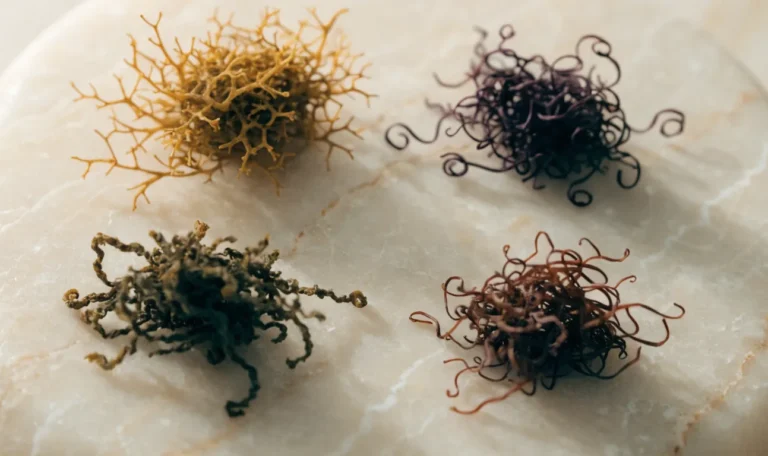 An overhead arrangement of four small piles of dried sea moss in gold, purple, green and reddish shades on a cream stone surface, illustrating picture of sea moss.