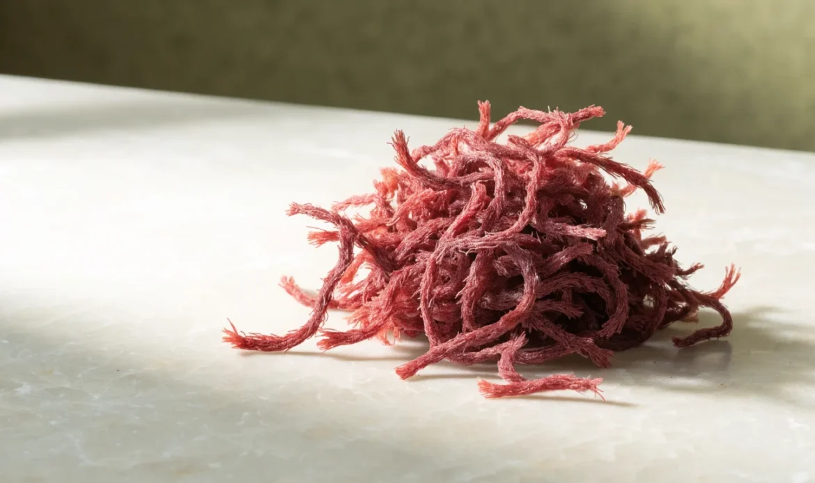 A heap of reddish-pink dried sea moss strands on a pale stone surface, soft directional daylight, illustrating pink sea moss.