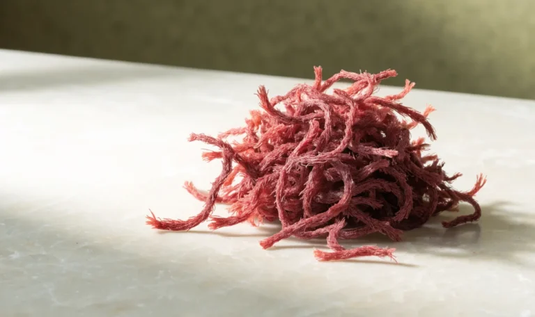 A heap of reddish-pink dried sea moss strands on a pale stone surface, soft directional daylight, illustrating pink sea moss.