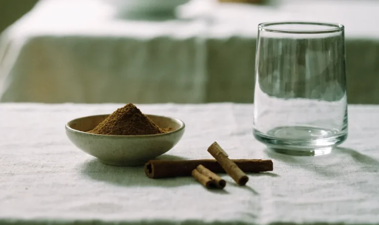 A small ceramic bowl of finely ground cinnamon powder beside broken cinnamon quills on a pale linen cloth, illustrating powdered cinnamon.