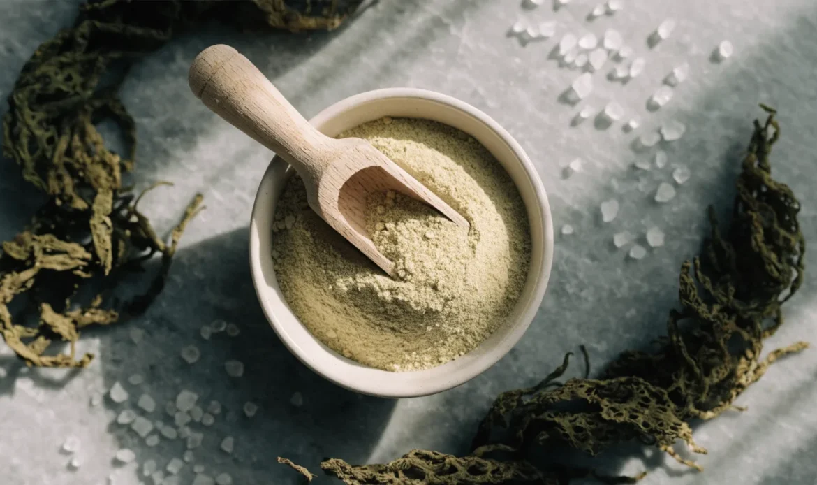 A bowl of fine pale green seaweed powder with a wooden scoop, dried sea moss strands scattered around it, illustrating powdered sea moss.