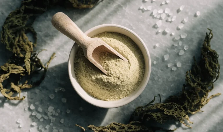 A bowl of fine pale green seaweed powder with a wooden scoop, dried sea moss strands scattered around it, illustrating powdered sea moss.