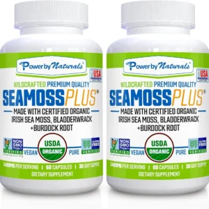 Power By Naturals sea moss capsules container photographed against a plain background