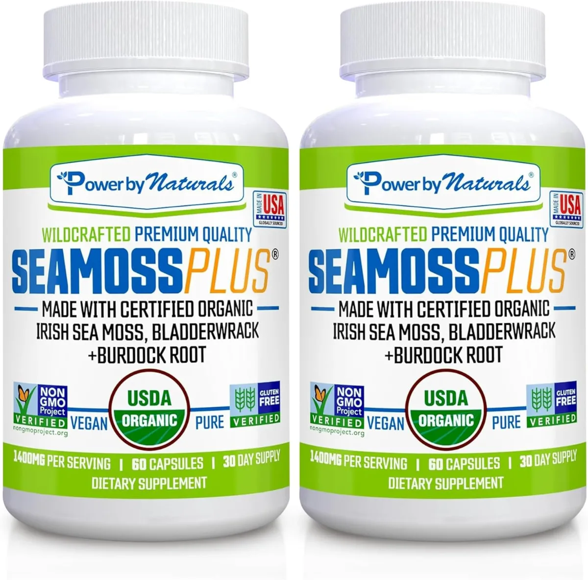 Power By Naturals sea moss capsules container photographed against a plain background
