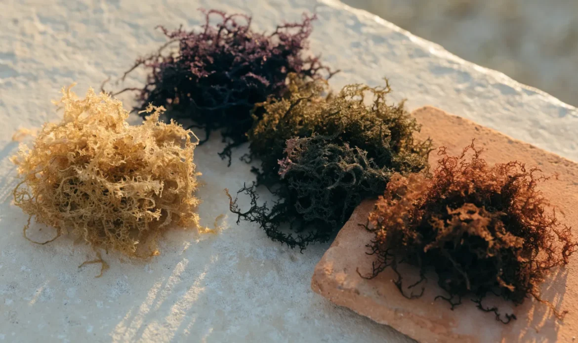 An overhead arrangement of four small piles of dried sea moss in gold, purple, green and reddish shades on a cream stone surface, illustrating raw sea moss for sale.