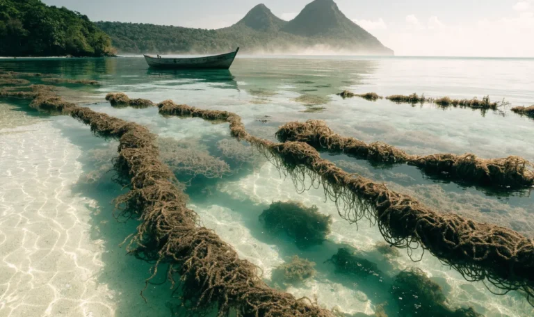 Turquoise Caribbean shallows with floating rope lines of wild sea moss, a small wooden boat, twin volcanic peaks and rainforest on the horizon, illustrating saint lucia sea moss.