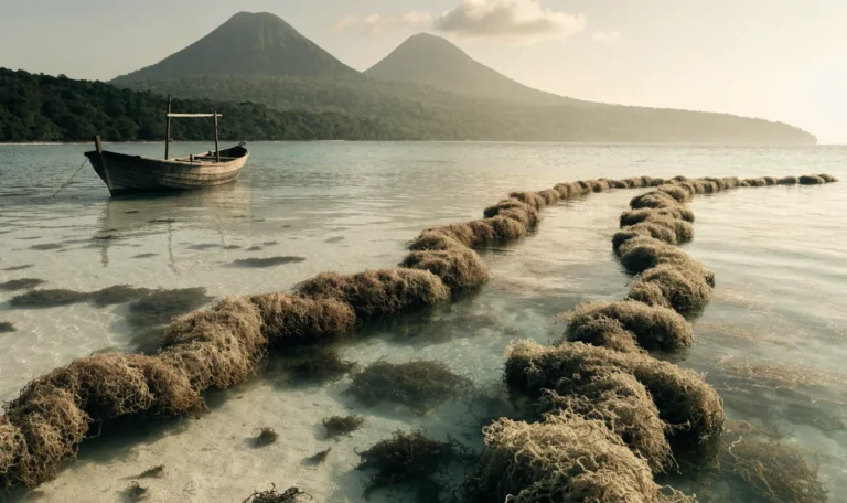 Turquoise Caribbean shallows with floating rope lines of wild sea moss, a small wooden boat, twin volcanic peaks and rainforest on the horizon, illustrating saint lucia sustainable sea moss farming project 2023 trial locations.