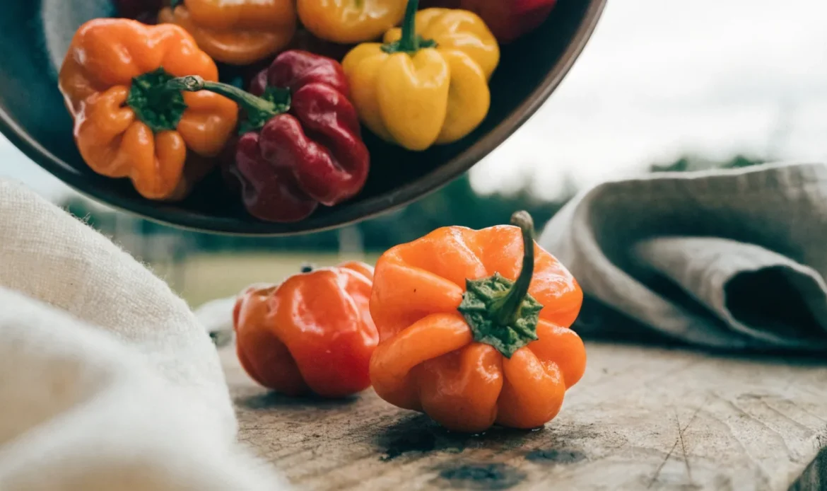 A bowl of glossy orange, red and yellow scotch bonnet peppers spilling onto a rustic wooden board, illustrating scotch bonnet peppers.