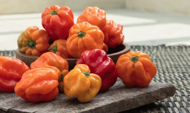 A bowl of glossy orange, red and yellow scotch bonnet peppers spilling onto a rustic wooden board, illustrating scotch bonnet walmart.