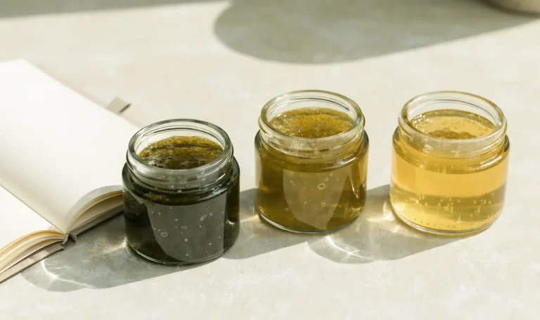 An unbranded flat lay comparing three plain glass jars of sea moss gel of different shades on a pale cream surface with a notebook, illustrating sea moss advanced.