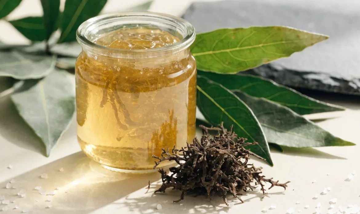 A still life of a glass jar of golden sea moss gel, a small pile of dried wildcrafted sea moss and fresh green leaves on a pale cream surface, illustrating sea moss and bladderwrack.