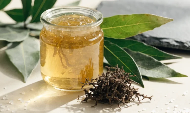 A still life of a glass jar of golden sea moss gel, a small pile of dried wildcrafted sea moss and fresh green leaves on a pale cream surface, illustrating sea moss and bladderwrack.