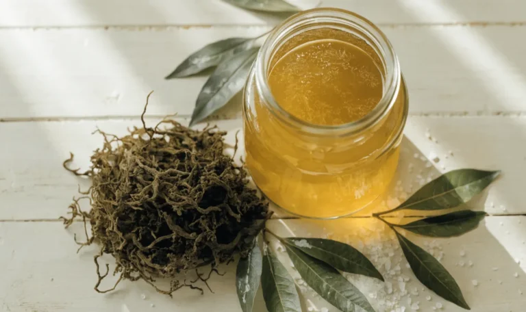 A still life of a glass jar of golden sea moss gel, a small pile of dried wildcrafted sea moss and fresh green leaves on a pale cream surface, illustrating sea moss and shilajit.