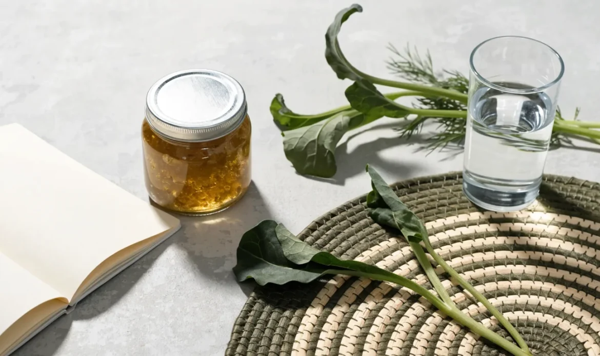 A clean flat lay of a small glass jar of sea moss gel, a notebook, a glass of water and fresh greens on a soft grey surface, illustrating sea moss and thyroidectomy.
