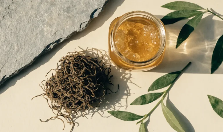 A still life of a glass jar of golden sea moss gel, a small pile of dried wildcrafted sea moss and fresh green leaves on a pale cream surface, illustrating sea moss ashwagandha.