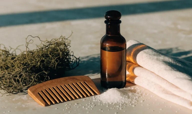 A wide-tooth wooden comb, a folded linen towel and an unlabelled amber oil bottle on a pale stone surface, dried sea moss beside them, illustrating sea moss benefits for hair.