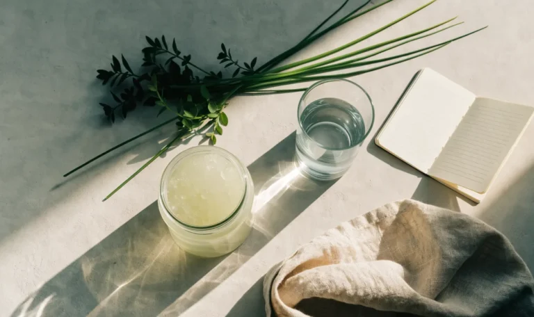 A clean flat lay of a small glass jar of sea moss gel, a notebook, a glass of water and fresh greens on a soft grey surface, illustrating sea moss benefits for thyroid.